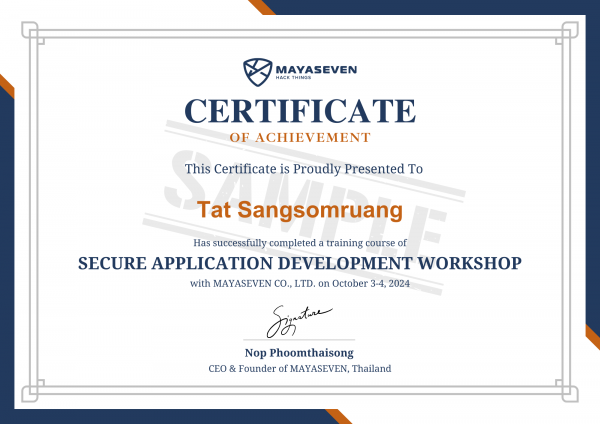 Sample Certificate for Secure Application Development Workshop